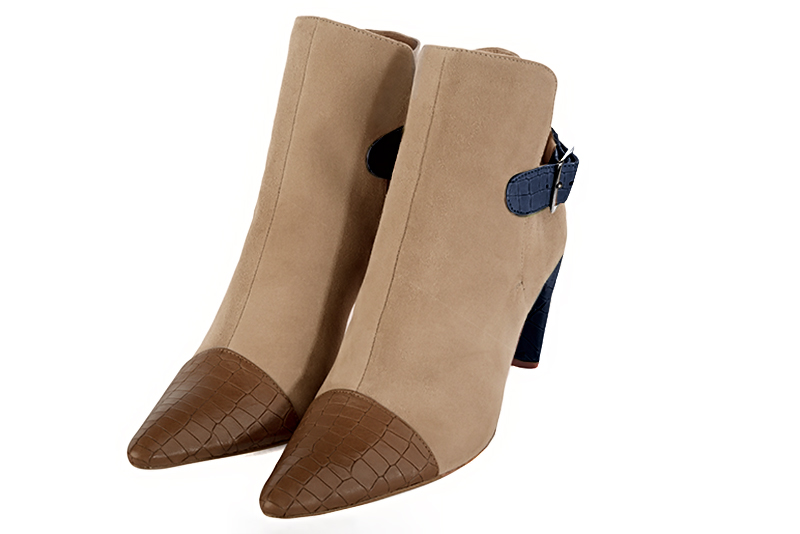 Caramel brown, tan beige and denim blue women's ankle boots with buckles at the back. Tapered toe. High slim heel. Front view - Florence KOOIJMAN